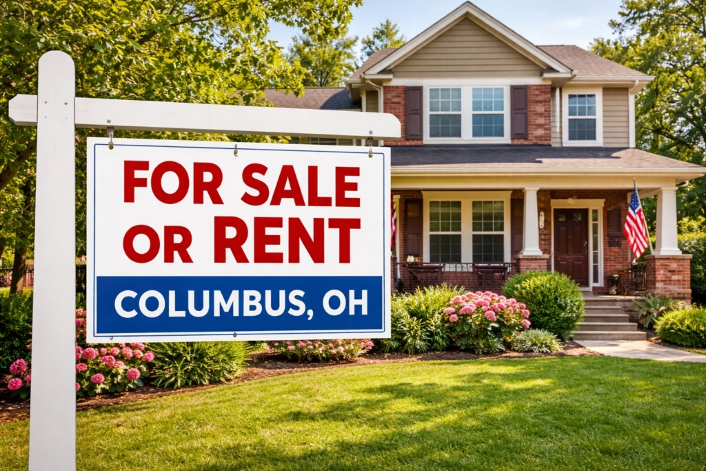 For sale or rent sign in front of a single-family home in Columbus Ohio, illustrating the decision to sell or rent my home Columbus Ohio.